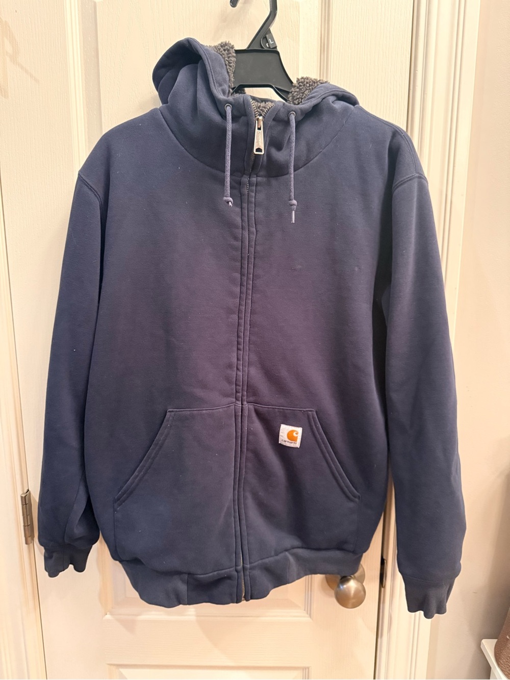 Carhartt men’s Navy Sherpa-Lined Hooded Jacket. Size small